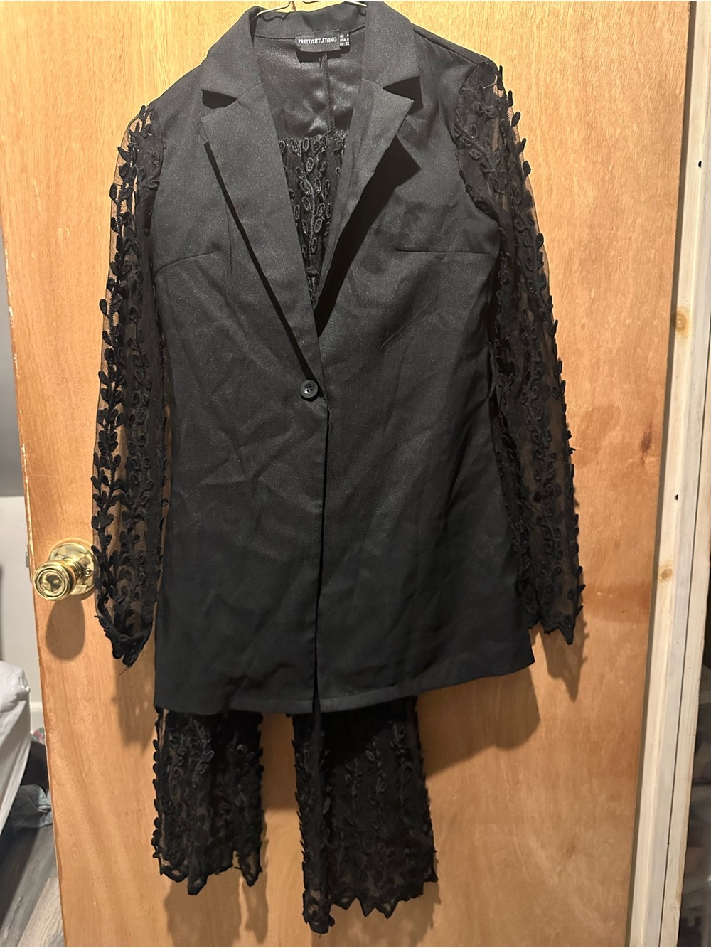 PrettyLittleThing Black Blazer with Lace Appliqué Sleeves